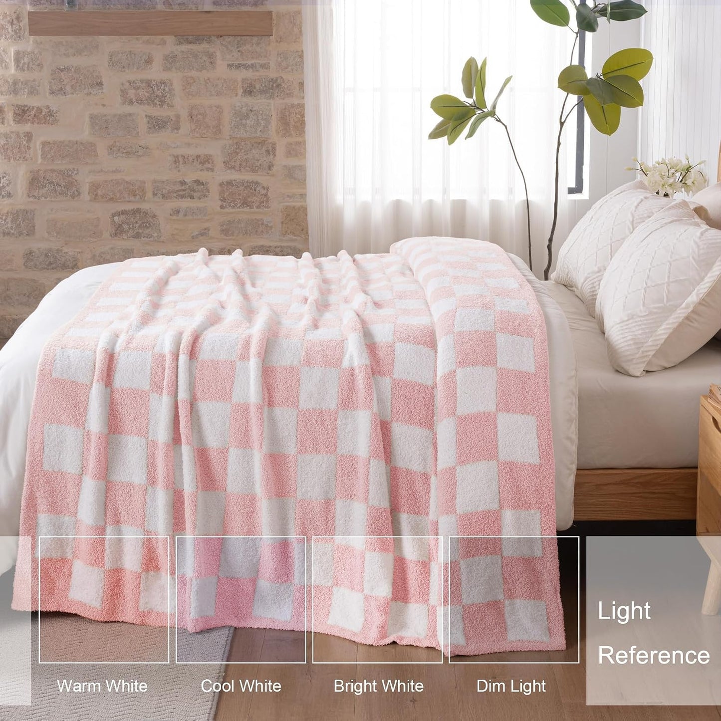 Exclusivo Mezcla Checkered Knit Throw Blanket, Ultra Soft and Warm Reversible Woven Blankets, Cozy Snuggly Throw for Couch Bed and Home Decor, Pink, 50"x60"