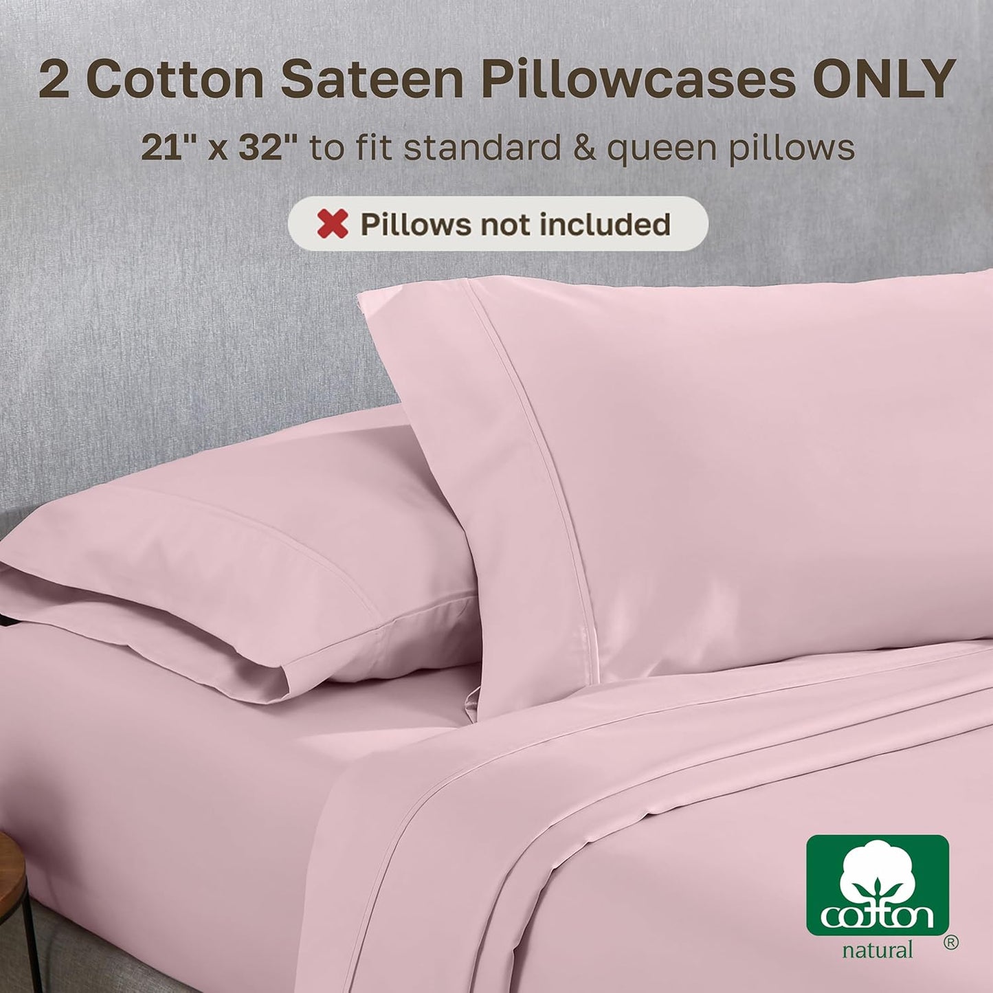 California Design Den Standard Queen Size Pillowcase Set - 400 Thread Count, 100% Cotton Sateen, Set of 2 Pillow Covers, Soft and Breathable - Pink