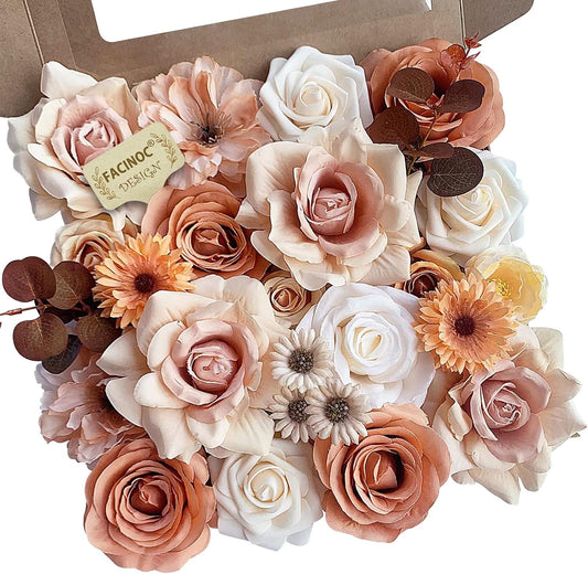 FACINOC Roses Artificial Flowers Bouquet Combo Box Set for DIY Wedding Centerpieces for Table Bridal Baby Shower Party Decorations Fake Silk Floral Arrangements for Home Decor Indoor Peach Pink