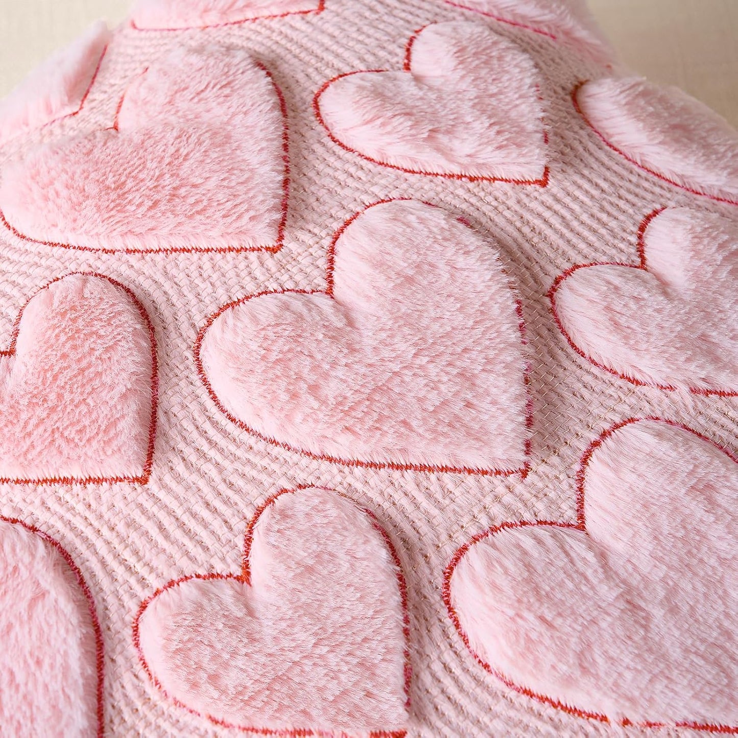 Softalker Pink Heart Pillow Covers 18 x 18 Inch Set of 2, Spring Summer Soft Faux Fur Cushion Covers, 3D Embroidered Pillow Cases for Girl's Room Decor