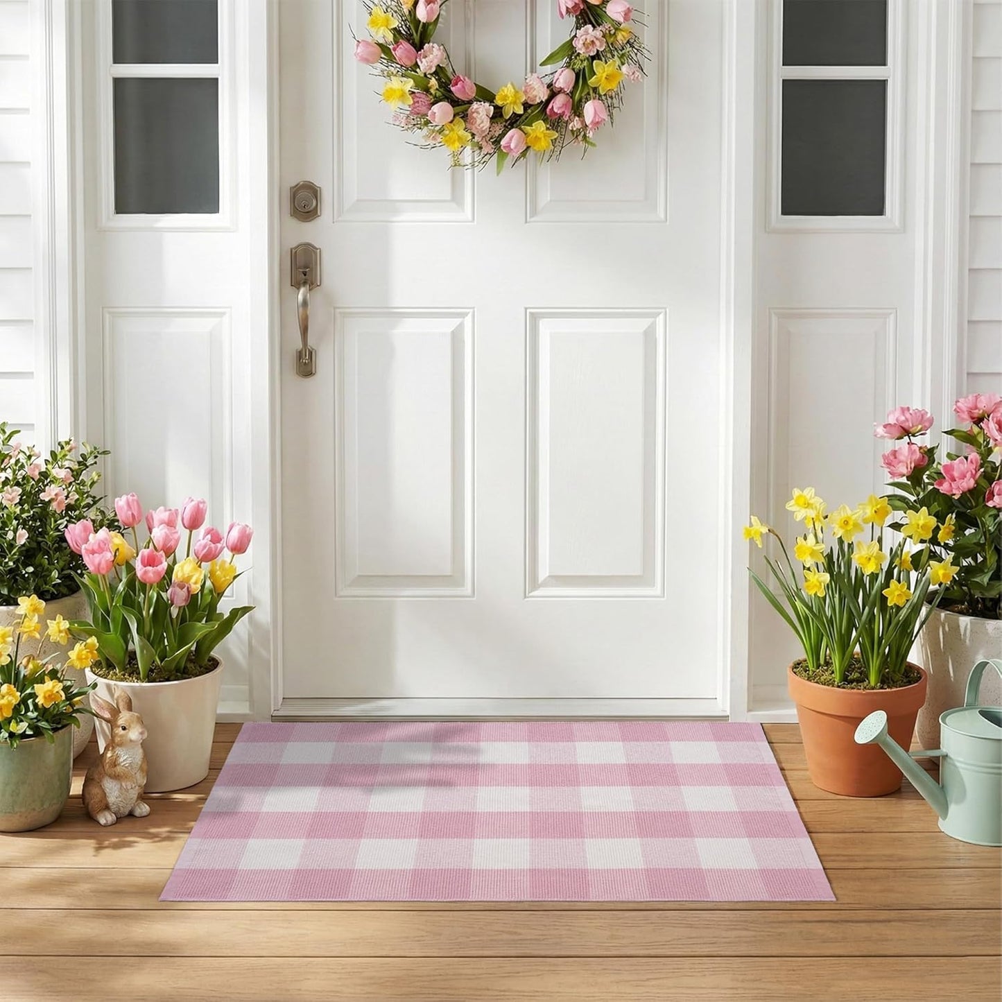 Spring Pink and White Plaid Rug, 2'4" x 3'7" Cotton Blend Layered Doormat Rug for Front Door, Hand-Woven Washable Entryway & Porch Decor
