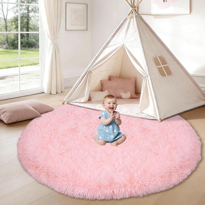 Pink Round Rug for Bedroom: Soft Fluffy Shag Washable Rug Fuzzy Circle Rugs Plush Indoor Carpet for Living Room Nursery Playroom Girls Boys Kids Room (Pink, 4'x4')