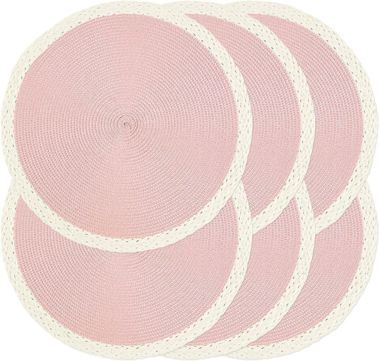 Noctiflorous Braided Round Placemats Set of 6, 15 Inch Woven Table Mats, Non-Slip Washable Place Mats for Kitchen Dining Table Decor (Mint Pink, 6)