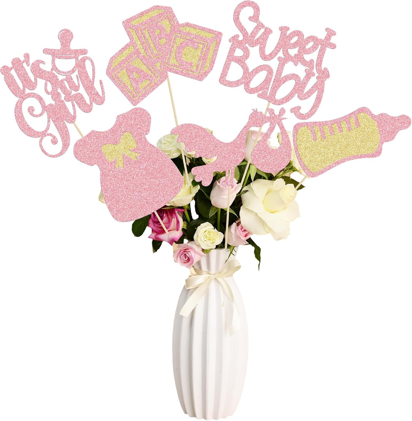 Gyufise 12Pcs Baby Shower Centerpiece Sticks Glitter Tie Onesie Oh Baby Gender Reveal It's a Girl Table Centerpiece Sticks for Baby Shower Gender Reveal Kids Birthday Party Supplies Pink