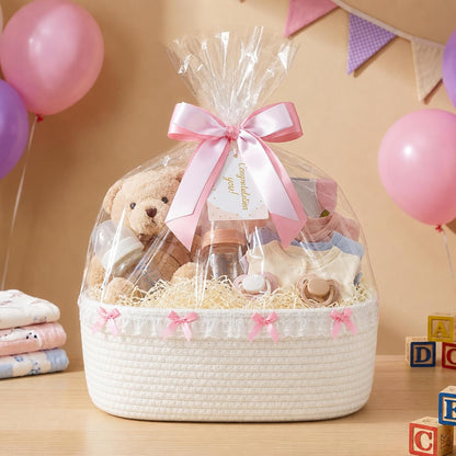 Cute Basket for Gifts Empty, 12"x 8"x 5" Coquette Woven Rope Gift Baskets White Lace Rectangle Shelf Organizer Storage Bins for Nursery, Baby Shower, Toy Organizing