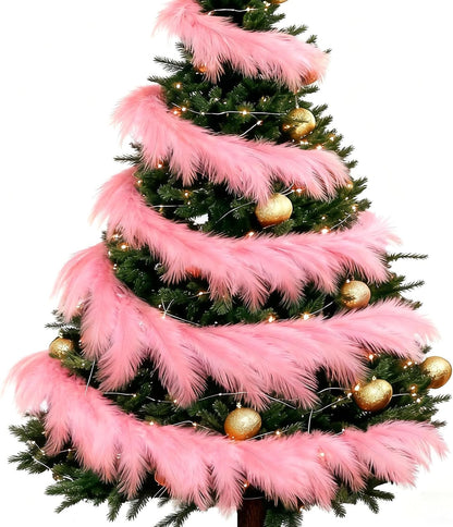 2 Pcs 12 Ft Christmas Tree Garland Decoration Pink Pampas Grass Garland Artificial Faux Fabric Feathers Wreath for Mantle Xmas Tree Home Farmhouse Christmas Holiday Party Supplies