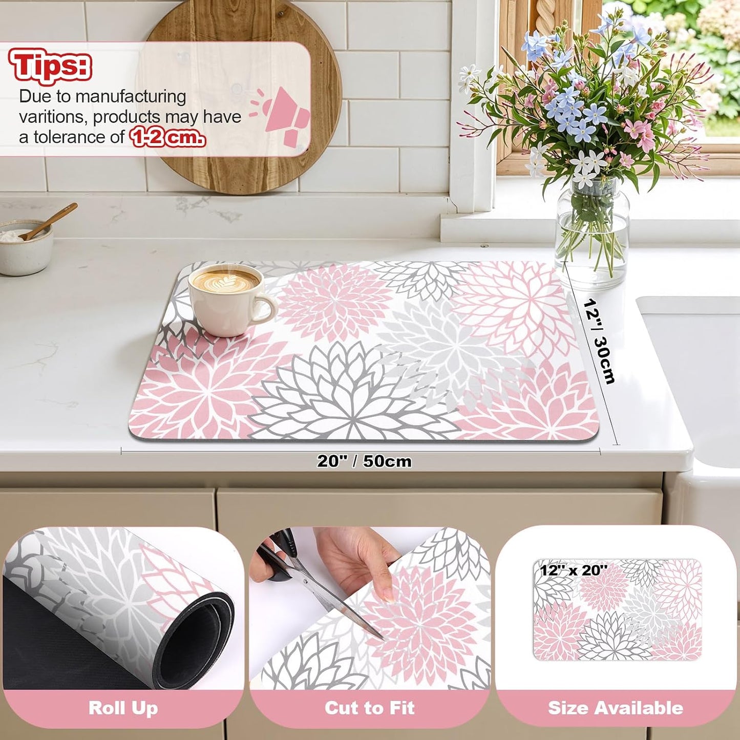 Findosom Dish Drying Mat, 12" x 20" Super Absorbent Dish Mat with Floral, Hide Stain Drying Mat for Kitchen Counter, Under Dish Rack, Coffee Maker, Espresso Machine, Pink