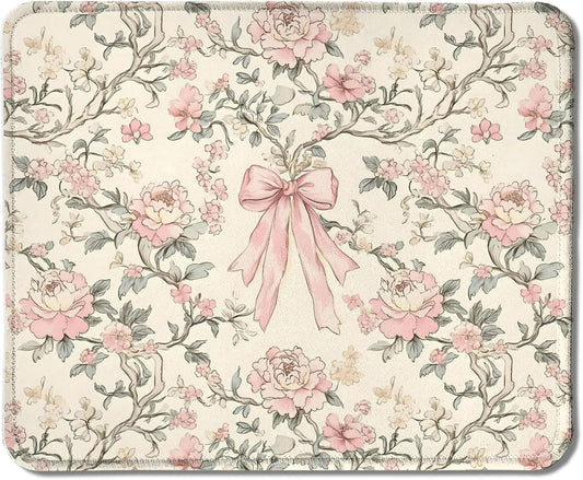Vintage Pink Floral Mouse Pad, Coquette Girly Pink Bow Peony Flower Aesthetic Mouse Pads for Wireless Mouse Computers Laptop Desk Accessories, Preppy Girly Office Supplies, 9.5x7.9 Inch