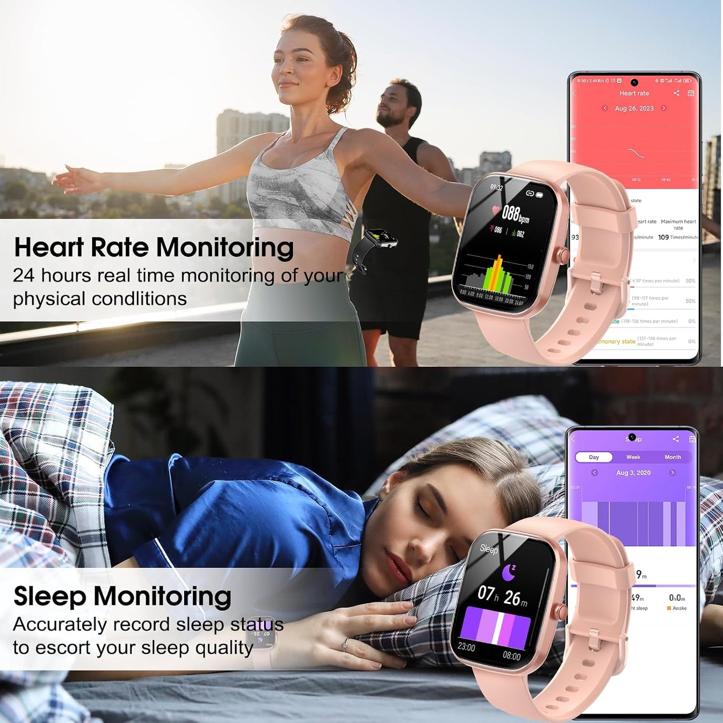 Csasan Smart Watch for Men Women(Answer/Make Call), 1.91" HD Screen Smartwatch Heart Rate/Sleep/Steps Monitor, 100+ Sports Fitness Watch, IP68 Waterproof Activity Trackers for Android iOS Pink