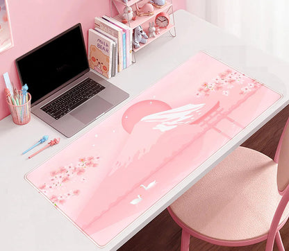 Cherry Blossom Mouse Pad Kawaii Pink Floral Desk Mat, Japanese Pastel Sakura Large Anime Gaming Mousepad XXL, Cute Aesthetic Mount Fuji Japan Keyboard Mats for Women Office Desk Pads 31.5"x15.75"
