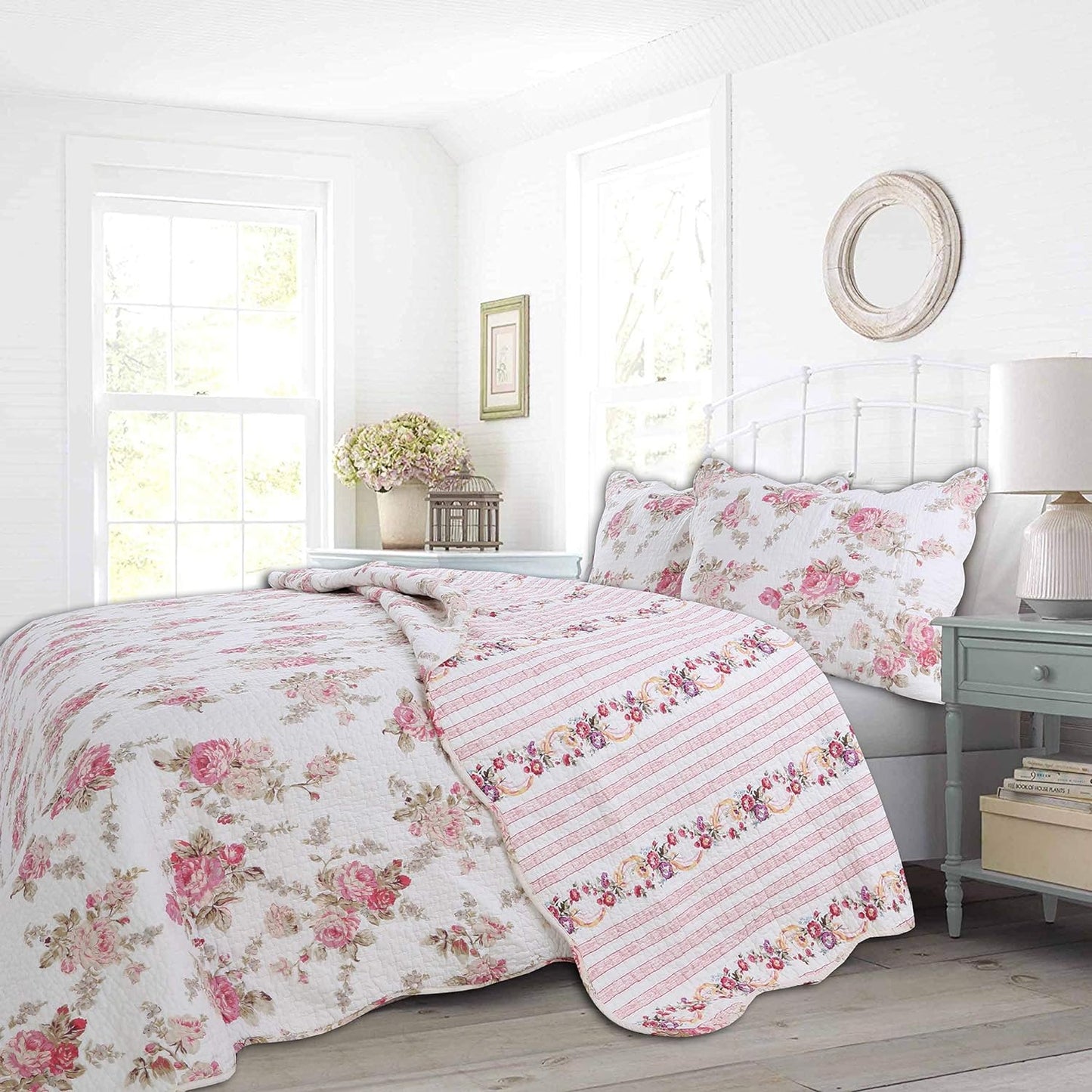 Cozy Line Home Fashions Romantic Pink Peony Floral 100% Cotton Reversible Quilt Bedding Set, Coverlet, Bedspread (Pink Peony, Queen - 3 Piece)
