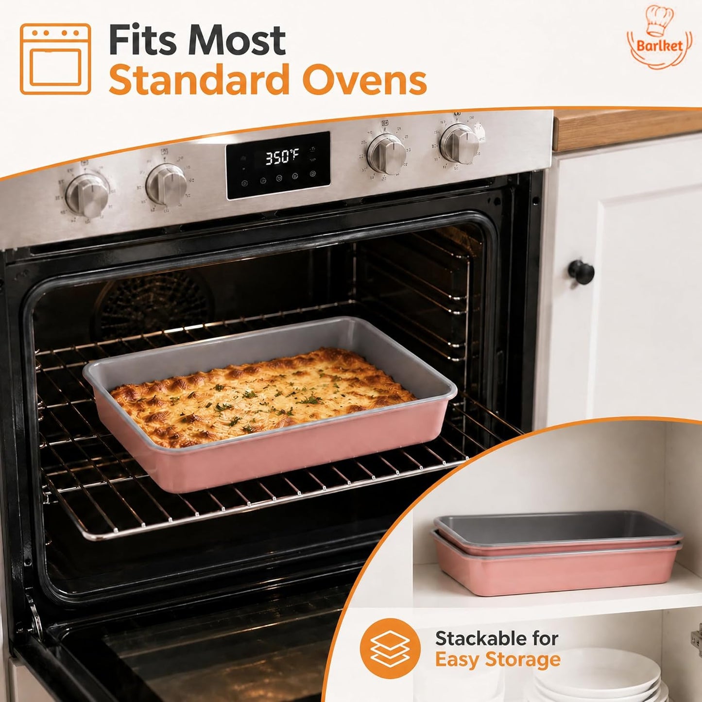 9x13 Inch Baking Pan 2 Pack, Heavy Duty Carbon Steel Lasagna Pan, 2.5 Inch Deep Nonstick Rectangular Cake Pans for Brownies, Casserole & Roasting, Pink Exterior with Gray Interior