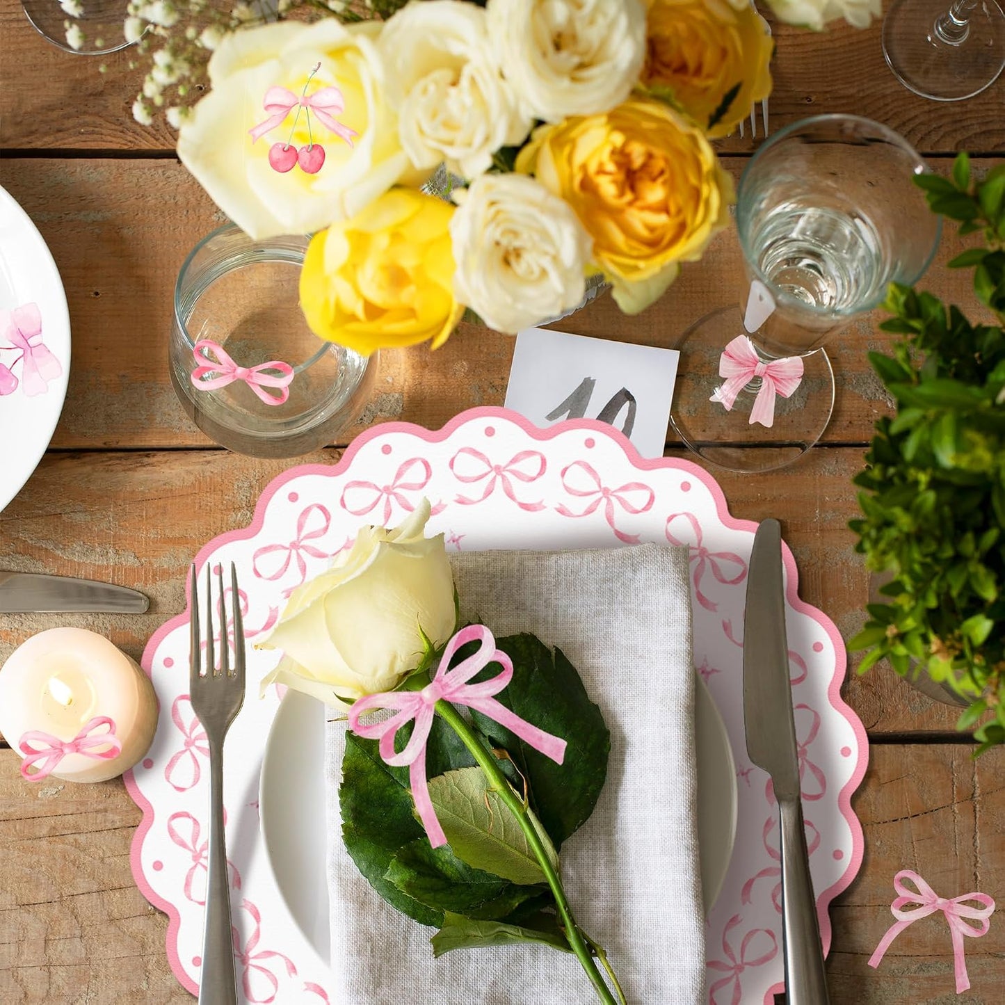 24 PCS 11.8 Inch Round Pink Bow Disposable Paper Placemats, Decorative Scalloped Edge Table Mats, Pink Bow Themed Place Mats for Bachelorette, Bridal Shower, Wedding, Birthday Party Table Setting