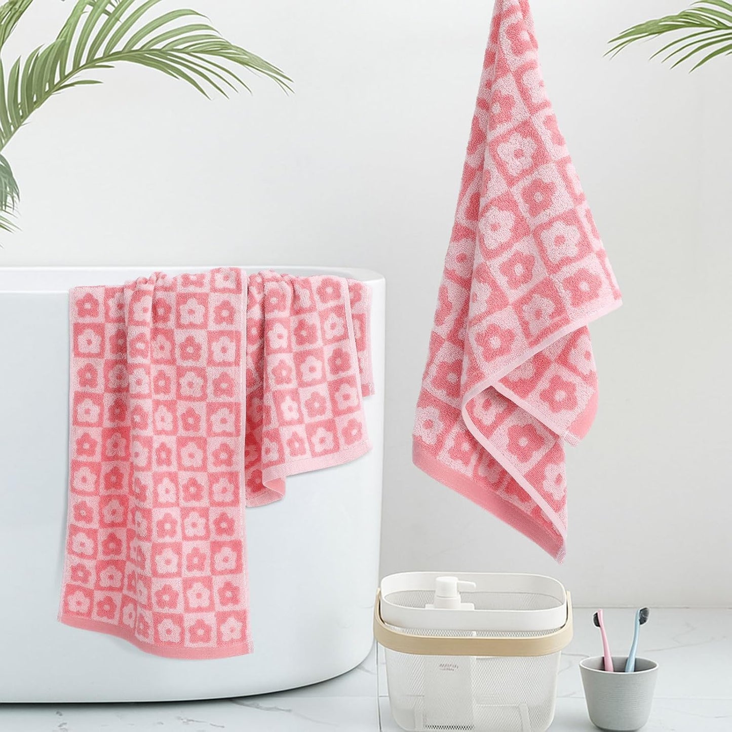 Moukeren 3 Pcs Pink Floral Bath Towels, Checkered Floral Hand Towels for Women, 29 x 13 Inch, Cotton Washcloth Soft Fleece Quick Dry Patterned Cute Decor for Bathroom Pool Gym Gift