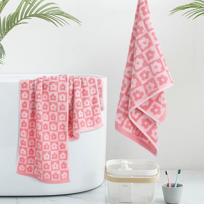 Moukeren 3 Pcs Pink Floral Bath Towels, Checkered Floral Hand Towels for Women, 29 x 13 Inch, Cotton Washcloth Soft Fleece Quick Dry Patterned Cute Decor for Bathroom Pool Gym Gift