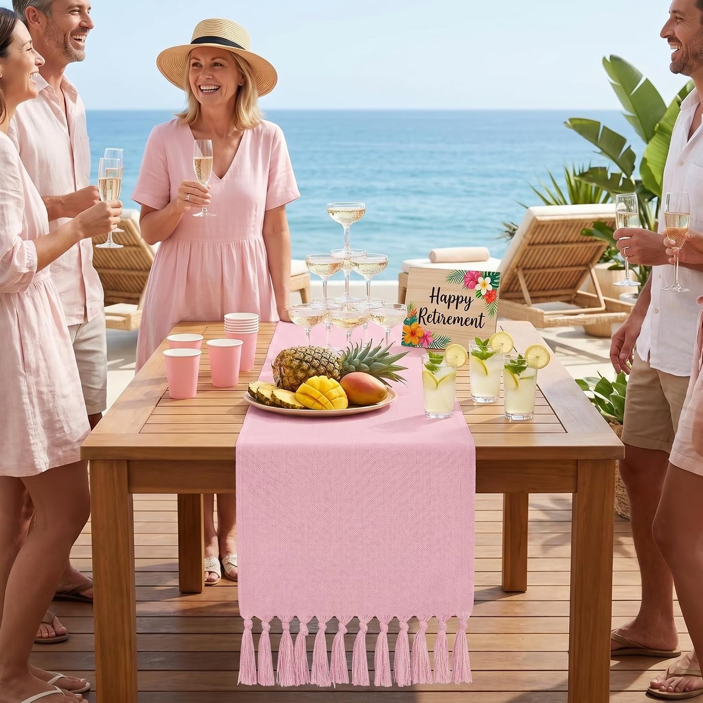 yuboo Pink Table Runner 72 Inches Long, Boho Woven Linen Farmhouse Dresser Table Runners with Tassels, Blush Pink Textured Table Decor for Kitchen Dining, Wedding, Party, Bridal Shower, Baby Shower