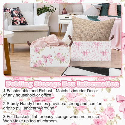 Boao Foldable Storage Baskets Dinosaur Easter Rabbit Classical Flowers Bow Laundry Basket with Handles Waterproof Storage Bins Fabric Shelf Baskets(15 x 11 x 8 Inches,Pink Floral,3 Pcs)