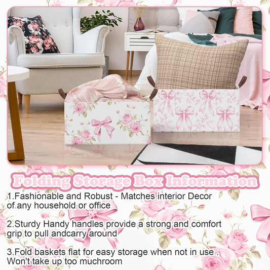 Boao Foldable Storage Baskets Dinosaur Easter Rabbit Classical Flowers Bow Laundry Basket with Handles Waterproof Storage Bins Fabric Shelf Baskets(15 x 11 x 8 Inches,Pink Floral,3 Pcs)