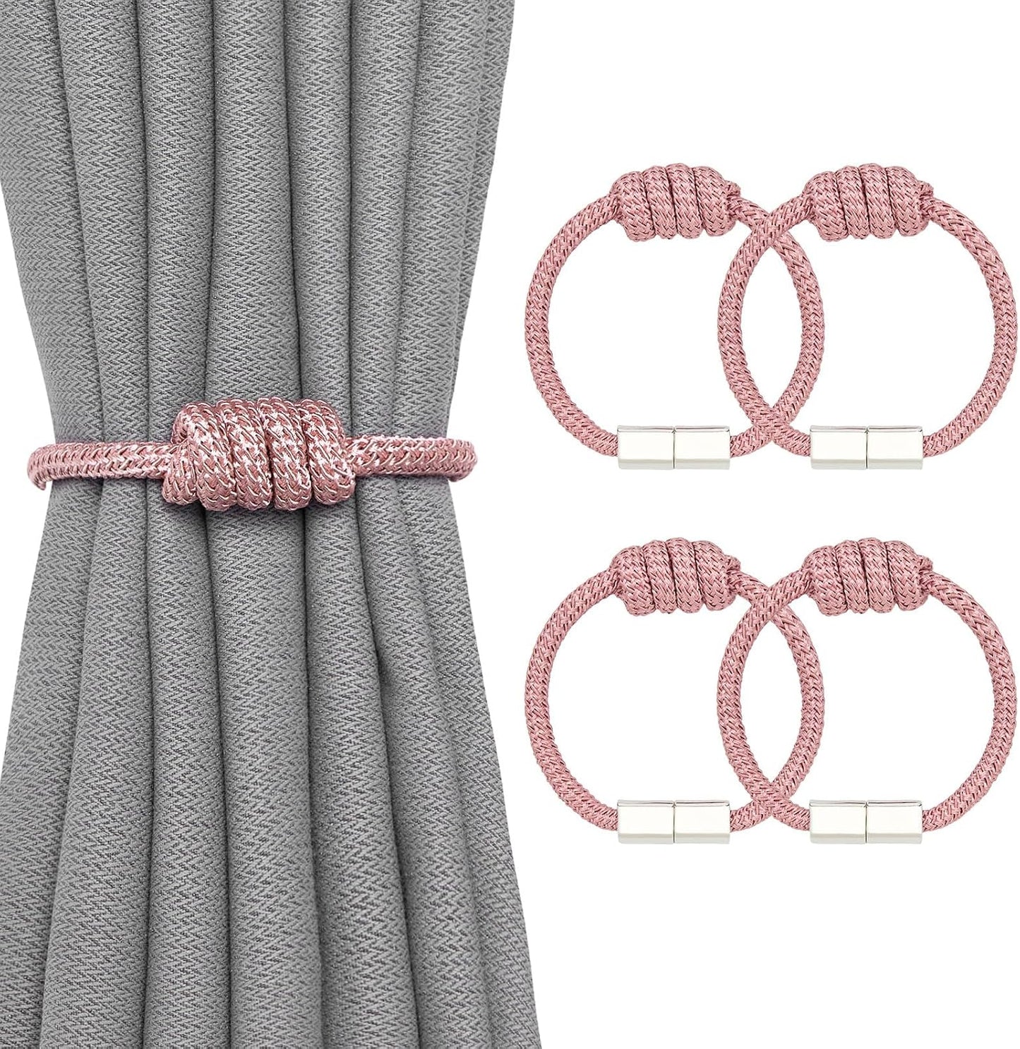 NICEEC 2 Pack Mini Magnetic Curtain Tiebacks Modern Simple Style Drape Tie Backs Elegant Hand Weave Rope Knot Decorative Curtain Holdbacks for Home & Office Window Drapery (Pink)