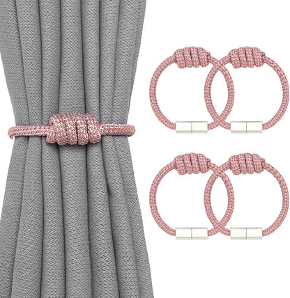 NICEEC 2 Pack Mini Magnetic Curtain Tiebacks Modern Simple Style Drape Tie Backs Elegant Hand Weave Rope Knot Decorative Curtain Holdbacks for Home & Office Window Drapery (Pink)
