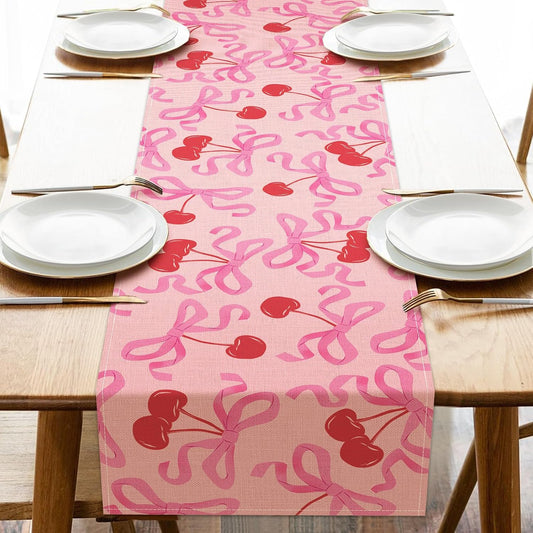 Coquette Pink Bow Cherry Dining Table Runner, Ribbon Fruit Preppy Burlap Kitchen Decoration, Girly Bowknot Indoor Outdoor Home Decor Party Supply 13 x 72 Inches