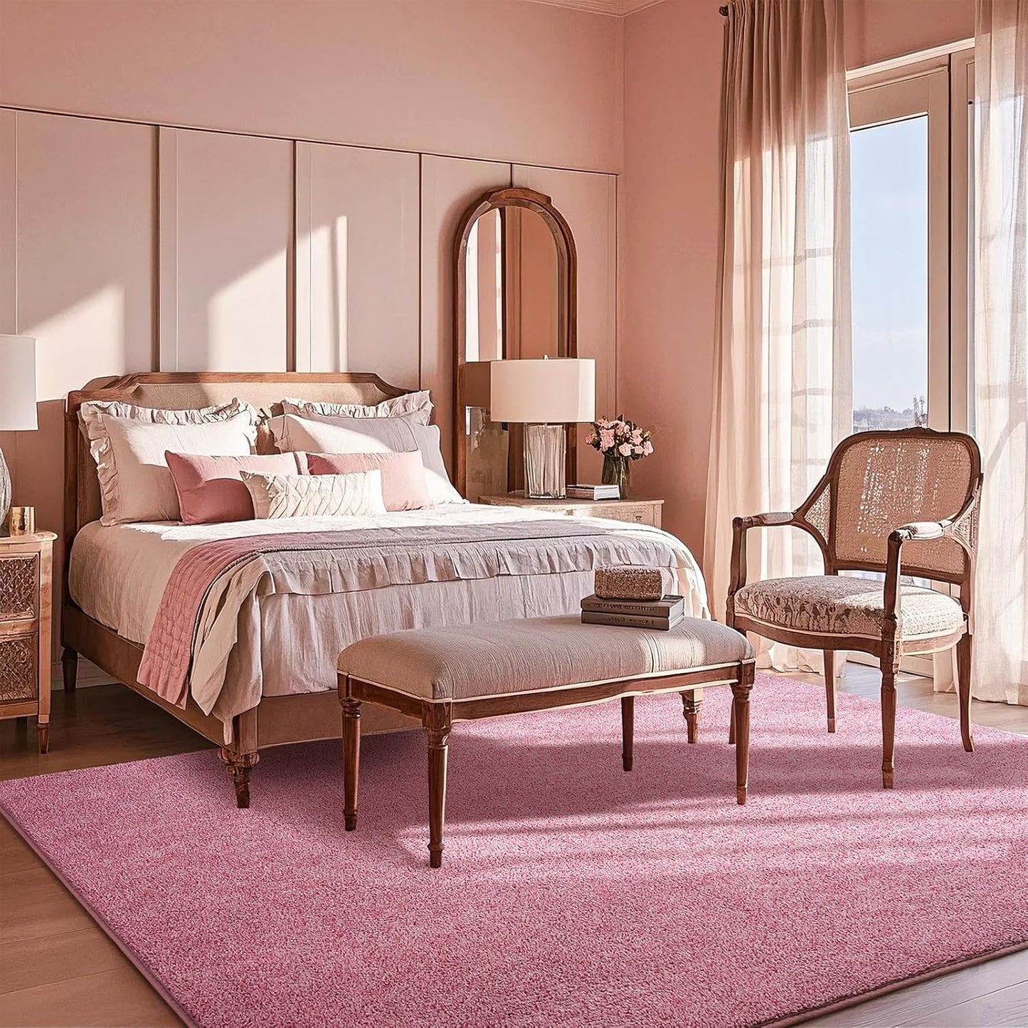 4x6 Pink Area Rug for Girls Bedroom Bedside Dorm, Washable Memory Foam Carpet, Non-Slip Fluffy Nursery Rugs for Living Room Office Entryway Hallway Home Room Decor, Pink and White