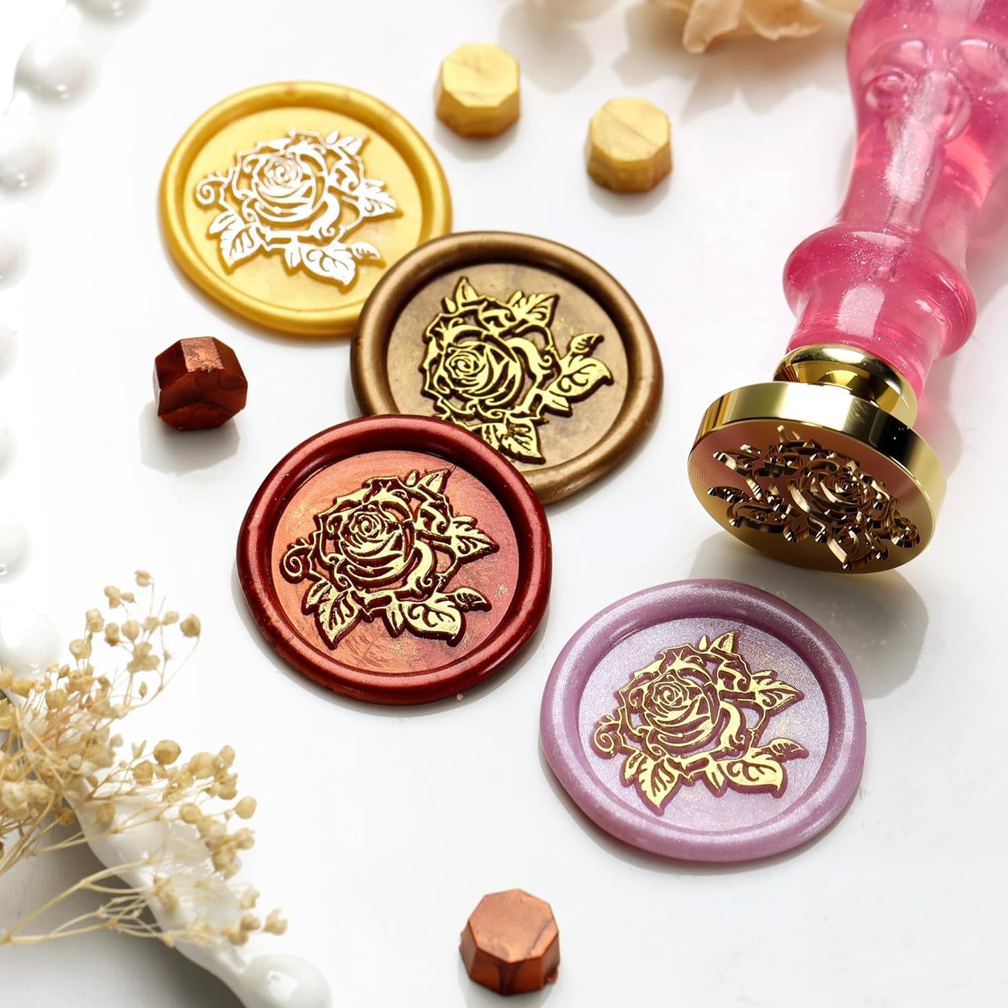 Wax Seal Stamp, Wax Seal Kit with Solid Brass Rose Pattern Seal Stamp Head 0.98 Inch Round & Pink Bubble Handle, Sealing Wax Stamp for Wedding Invitations Envelopes Gift Wrapping DIY Crafts