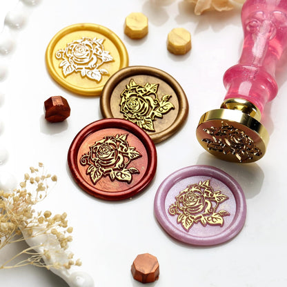 Wax Seal Stamp, Wax Seal Kit with Solid Brass Rose Pattern Seal Stamp Head 0.98 Inch Round & Pink Bubble Handle, Sealing Wax Stamp for Wedding Invitations Envelopes Gift Wrapping DIY Crafts