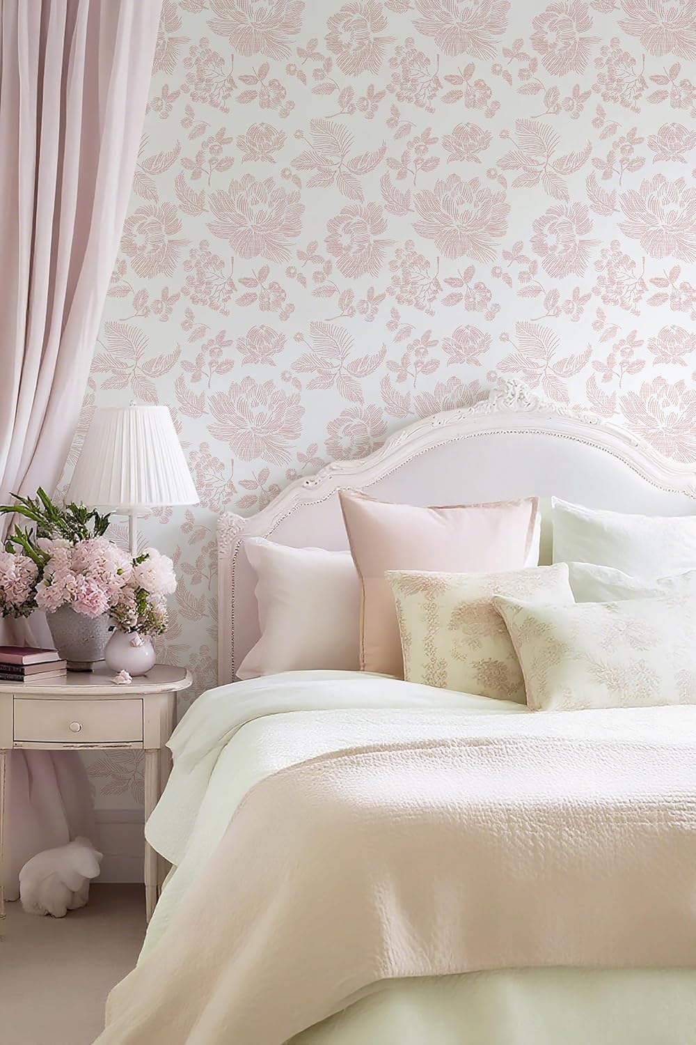 Safiyya Floral Peel and Stick Wallpaper Pink and White Contact Paper Modern Wall Paper Self Adhesive Farmhouse Removable Wallpaper for Bedroom Bathroom Vinyl Roll 17.3"x 78.7"