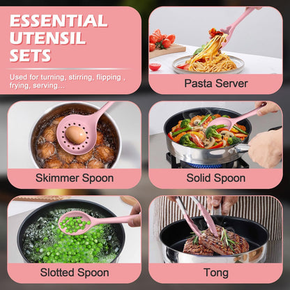 Homikit 15-Piece Kitchen Utensil Set, Silicone Cooking Utensils Spatula Set with Holder for Nonstick Cookware, Heat Resistant Kitchen Tools Gadgets for Cooking and Baking-Pink