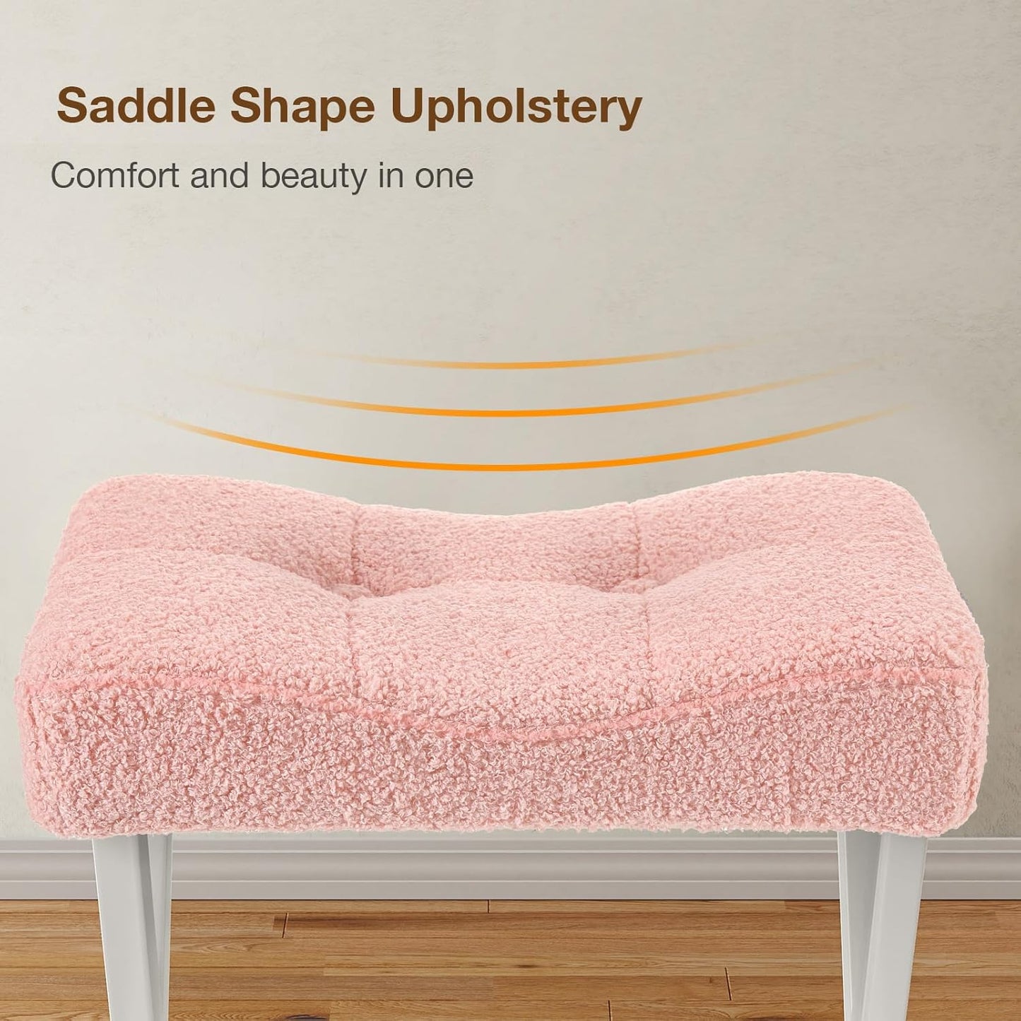 Memobarco 18-Inch Vanity Stool Chair, Vanity Bench with Metal X-Legs, Ottoman Accent Stool with Breathable and Soft Boucle Fabric Saddle Seat, Pink