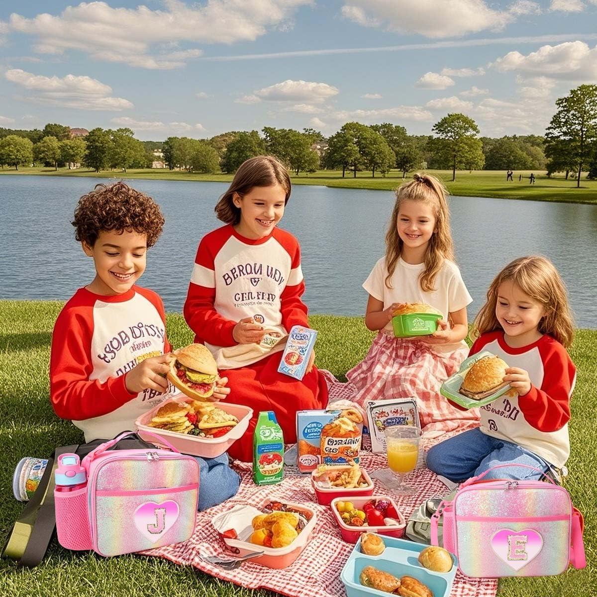 RHCPFOVR Kids Initial Lunch Bag - Insulated Lunch Box for Boys Girls,Washable Lunch Bag and Reusable Toddler Leak-proof Lunchbox for School and Daycare Pink J