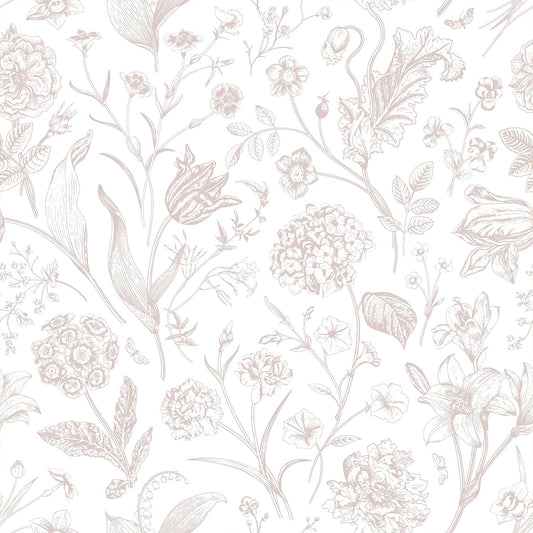 VEELIKE Dusty Pink Toile Wallpaper Peel and Stick Vintage Hand-Drawn Floral Wallpaper for Girls Bedroom Powder Room 17.7''x118'' Self Adhesive Contact Paper Removable Cottage Wall Paper for Nursery