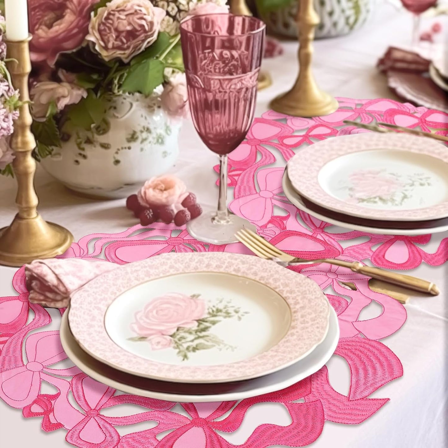 4 Pcs Pink Bow Placemats Coquette Embroidered Place Mats Pink Cotton Decorative Table Mats for Home Wedding Baby Shower Birthday Party Decor(Round Hollow)