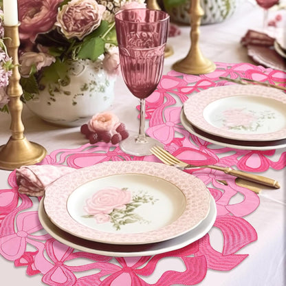 4 Pcs Pink Bow Placemats Coquette Embroidered Place Mats Pink Cotton Decorative Table Mats for Home Wedding Baby Shower Birthday Party Decor(Round Hollow)