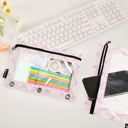 Wamika Bowknot Pink Binder Pouches 3 Ring for Boys Girls School Office College Supplies Cute Bow Ribbon Tie Pencil Pouches Case Bag with Clear Window and Zipper 2 pack