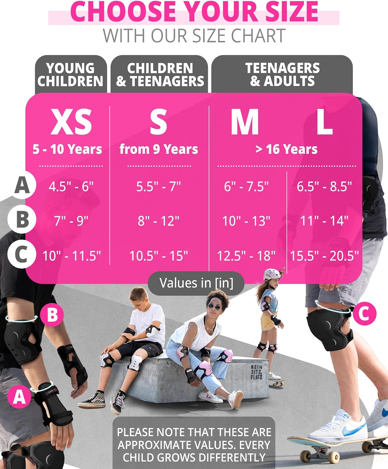 SKATEWIZ Kids and Adults Knee Pads and Elbow Pads Set with Wrist Guards for Roller Skating [6pc] - Skating Protective Gear for Roller Skates & Skateboard