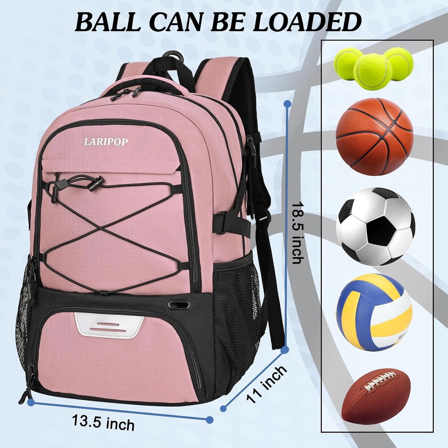 LARIPOP Basketball Backpack Large Basketball Bag with Ball Holder & Shoe Compartment for Adults Men Women