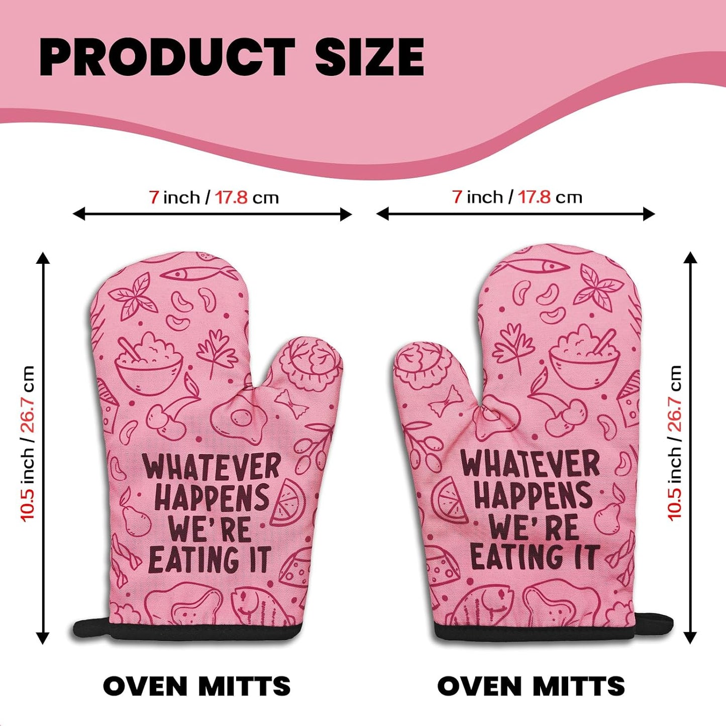 2 Pcs Funny Pink Oven Mitts Whatever Happens We're Eating It Silicone Non-Slip Heat Resistant Oven Mitts with Hanging Loop Kitchen Decor Gifts Great Birthday Gifts for Women Men Chef Baker