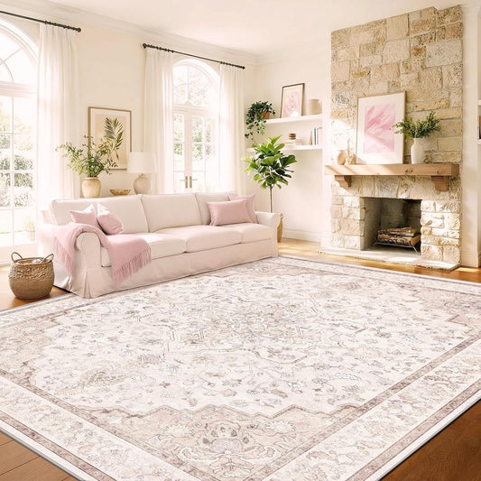 Marsail Washable Area Rug 8x10, Short-Pile Large Floor Carpet with Slip-Resistant Backing, Reinforced Bound Edges, and Elegant Vintage Pattern, Perfect for Living Rooms, Dining Areas, and Bedrooms