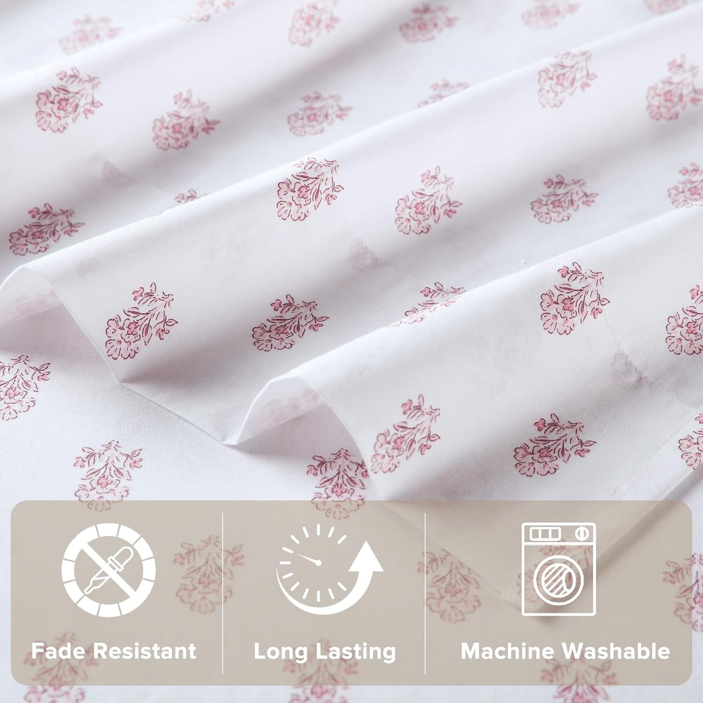 Comfort Spaces 100% Cotton Sheets Queen, Breathable, Naturally Cool Cotton Sheets, Cotton Bed Sheets with 14" Elastic Pocket Fits up to 16" Mattress, All Seasons Sheet Set, Floral Pink 4 Piece