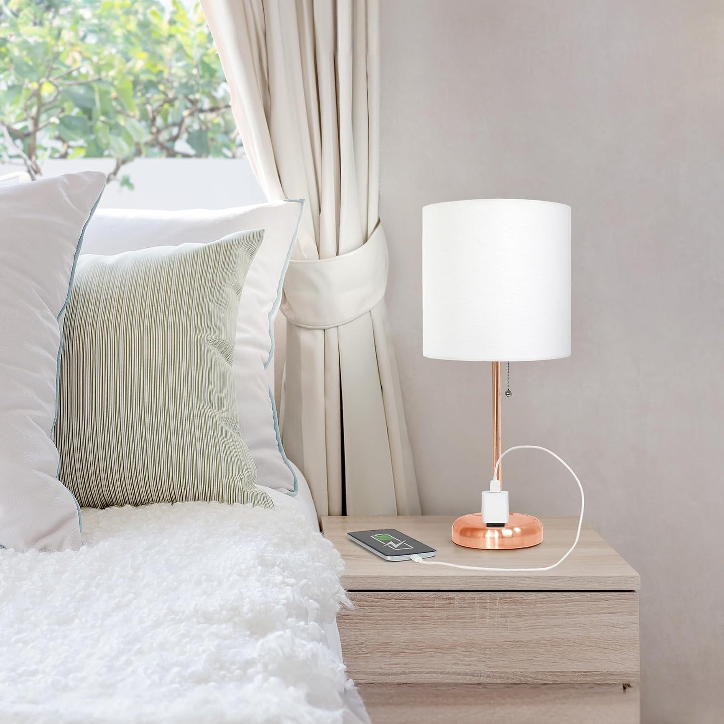 Simple Designs LT1144-RGD Sleek and Slender Rose Gold Table Lamp with Charging Outlet, for Bedroom, Living Room, Entryway, Office, Dining Room, Study, White Shade