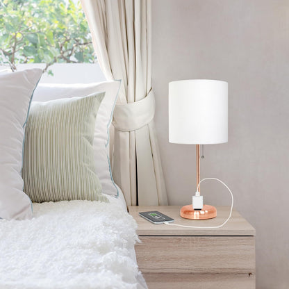 Simple Designs LT1144-RGD Sleek and Slender Rose Gold Table Lamp with Charging Outlet, for Bedroom, Living Room, Entryway, Office, Dining Room, Study, White Shade