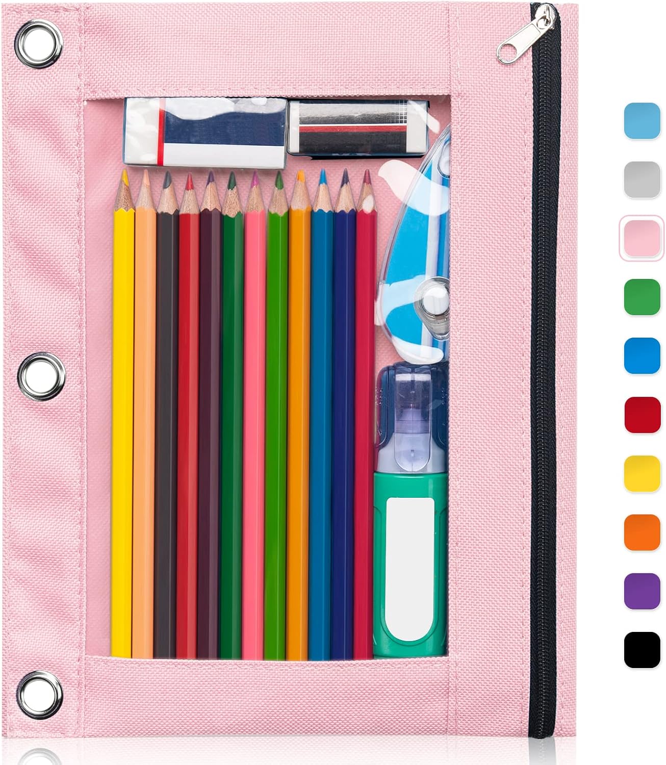 Forvencer Pencil Pouch for 3 Ring Binder, Binder Pencil Case with Smooth Zipper, Clear Window Pencil Case for Binder, Big Capacity 3 Ring Binder Pencil Bag with 3 Reinforced Grommets, Pink