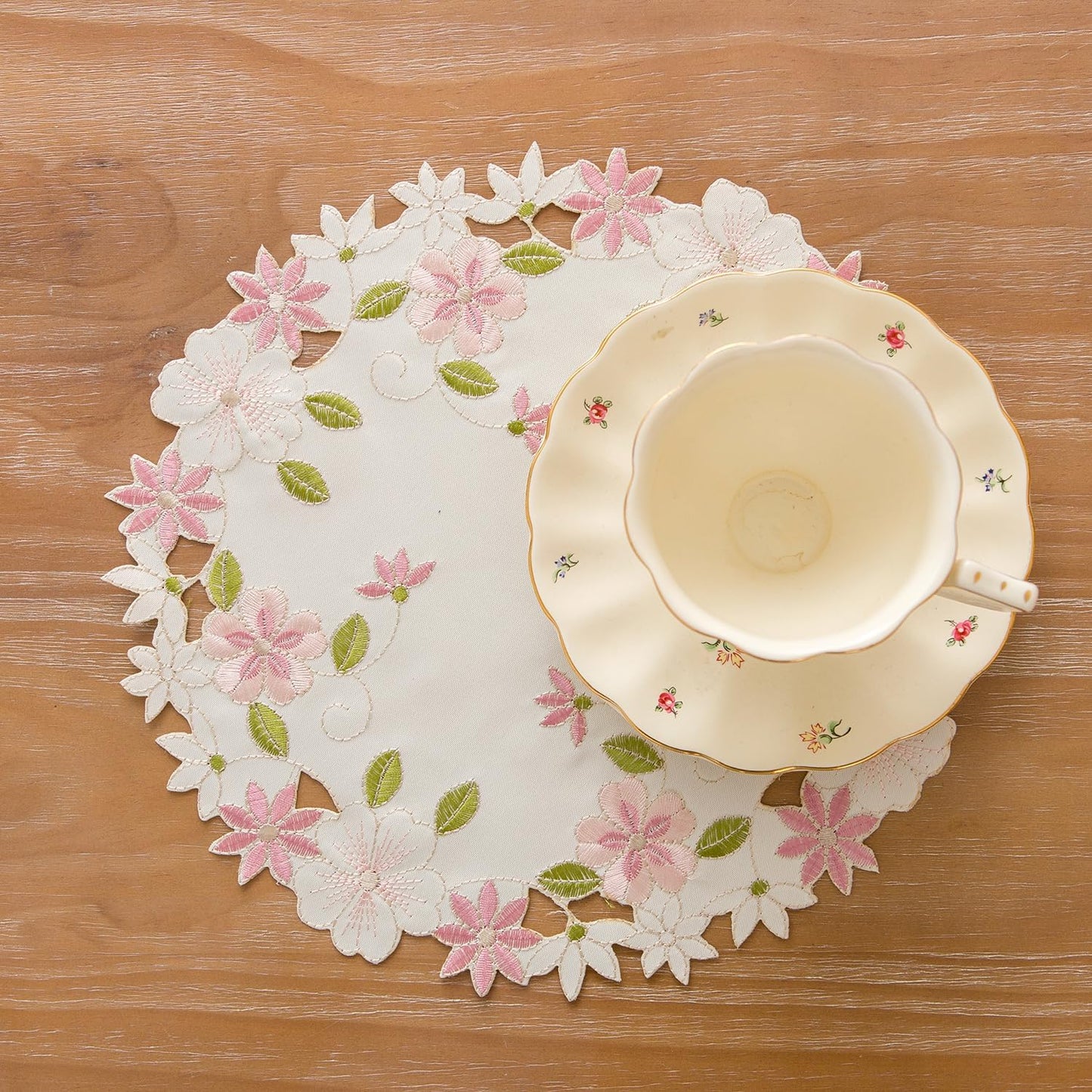 2pack Round lace Doilies,Yellow Blue Floral Cutwork Embroidered Placemats Vase Pads for Wedding Birthday Dinner Party Decor (Round11.8inch, Pink Flower)