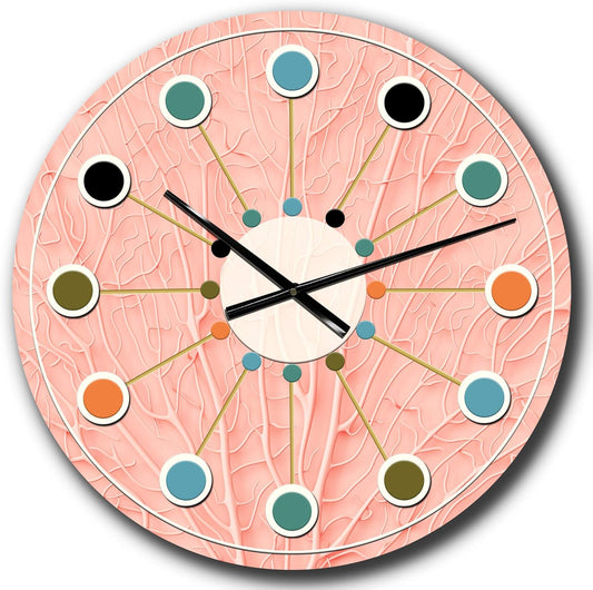 DesignQ Mid-Century Modern Wall Clock 'Living Coral Pink' Pink Round Wall Clock for Living Room Decor