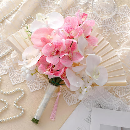 Wedding Bouquets for Bride Bridesmaid 12 Inch Pink White Flower Bridal Bouquets Artificial Phalaenopsis Orchid Fan Ramos De Novia para Boda for Wedding Ceremony Church Decor