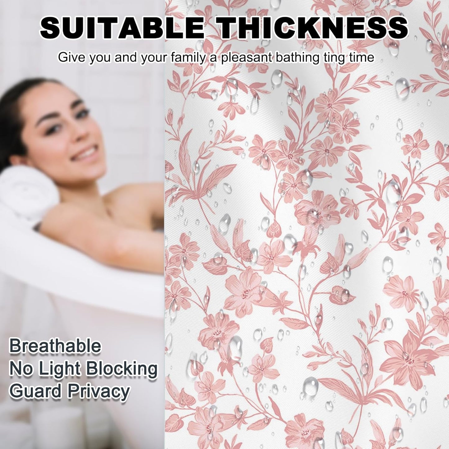 Mocsicka Floral Shower Curtain with 12 Hooks, Pink Flowers Shower Curtain for Spring Floral Bathroom Decor, Waterproof Fabric Pink Curtain for Bath Bedroom Dorm, 72 X 72 Inch