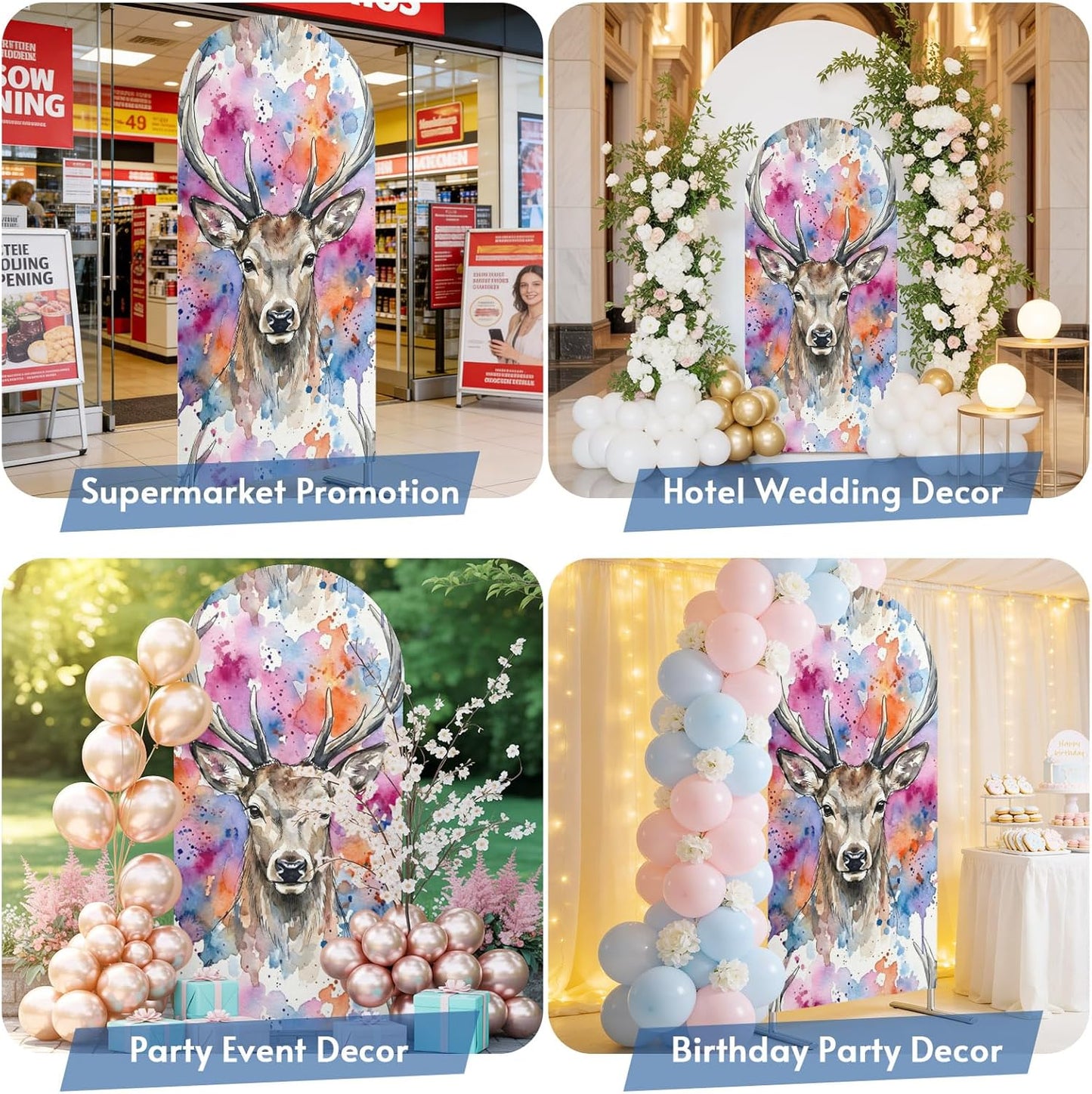 Elk Arch Backdrop Cover 6.6FT, Pink Purple Blue Watercolor Splashes Splatter Animal Spandex Fitted Stretchy Arch Stand Covers, Round Top Chiara Backdrop Cover for Wedding Party Birthday Baby Shower