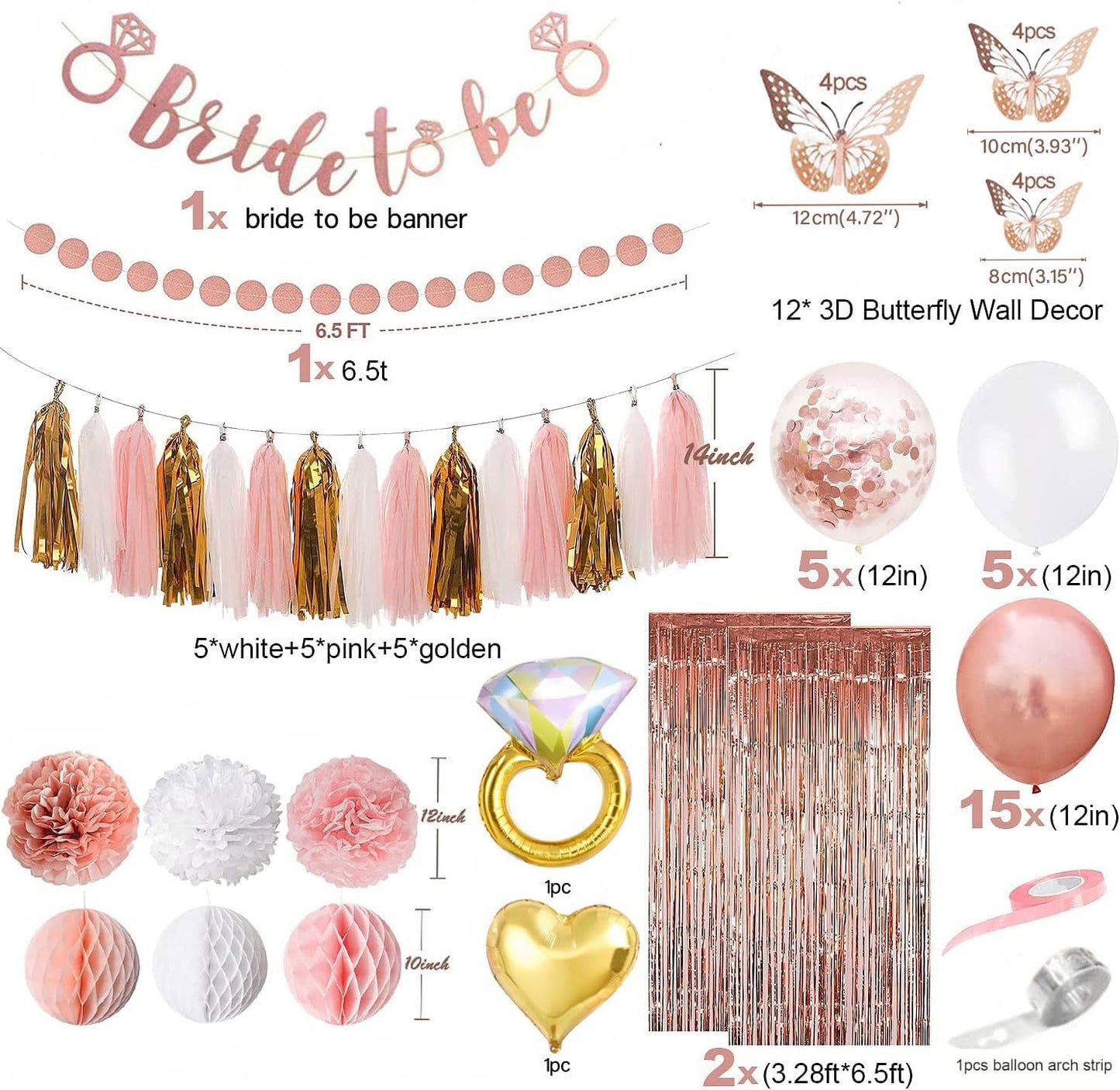SHYDUCK Rose Gold Bridal Shower Decoration in Clearance, Bachelorette Party Decor with Bride To Be Banner, 3D Butterfly Wall Decor, Balloons, Fringe Curtain & Balloon Arch Strip (Pink)